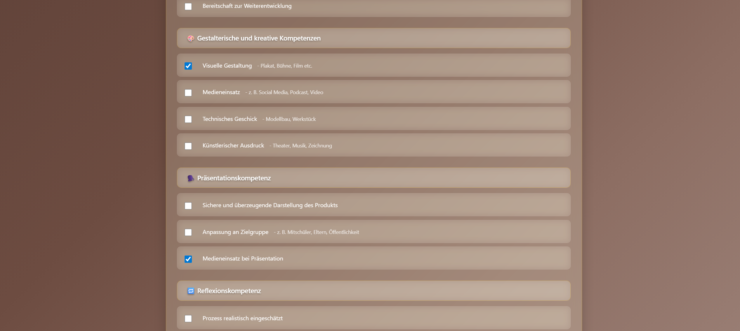 Beobachtungskategorien Ansicht 2